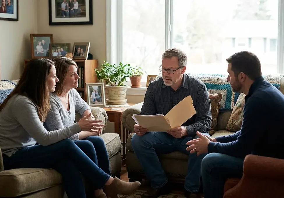 A family seeking advice from a probate attorney at home